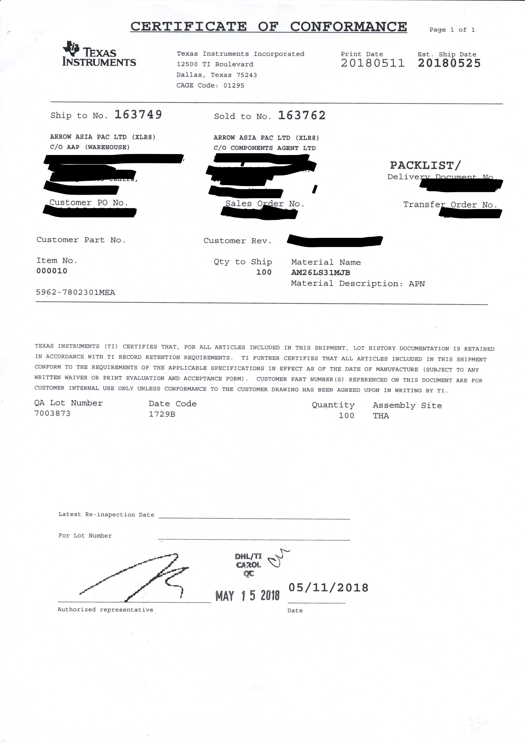 certificate of conformance